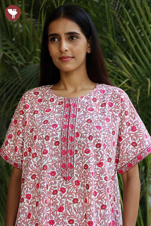 60’s Cotton Short Sleeve Zipper Kaftan In Floral Print