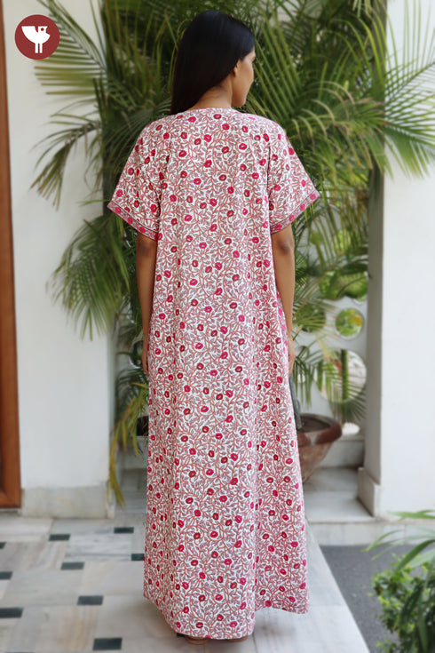 60’s Cotton Short Sleeve Zipper Kaftan In Floral Print