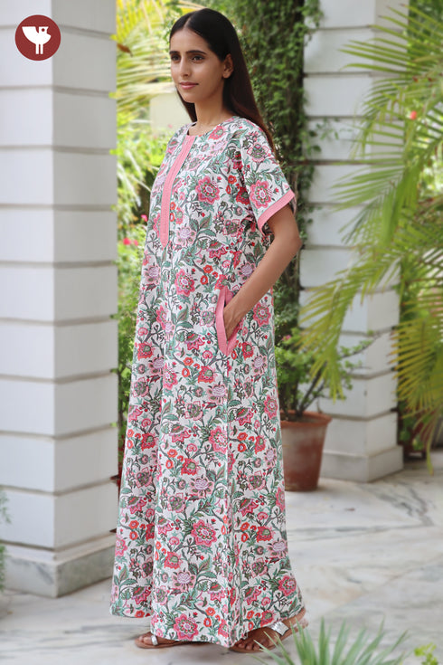 60’s Cotton Zipper Kaftan In Floral Print