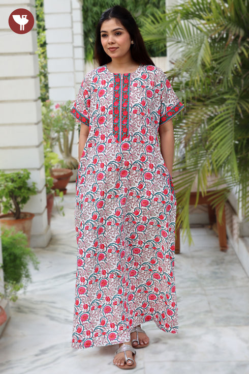 60's Cotton Red & Teal Zipper Kaftan in Floral Print