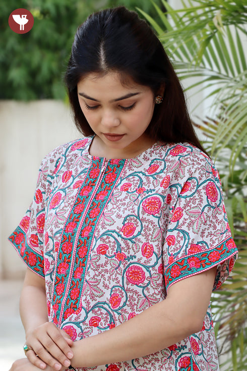 60's Cotton Red & Teal Zipper Kaftan in Floral Print