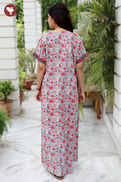 60's Cotton Red & Teal Zipper Kaftan in Floral Print