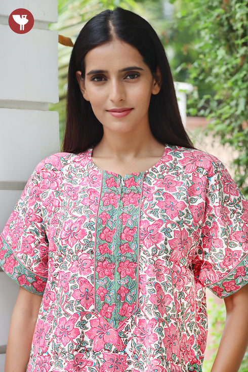 Cambric Satin Zipper Kaftan In Floral Print