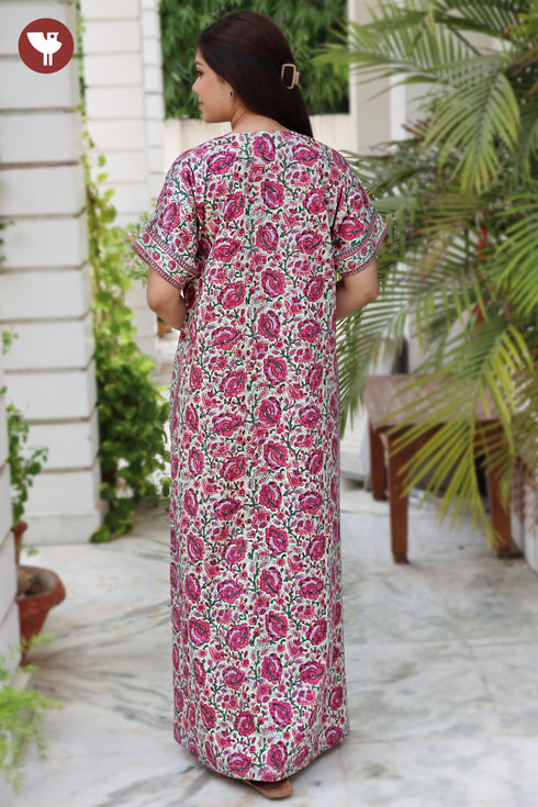 Cotton Satin Front Zipper Kaftan in Floral Print