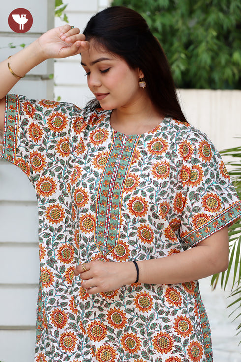 Cotton Satin Front Zipper Kaftan in Floral Print
