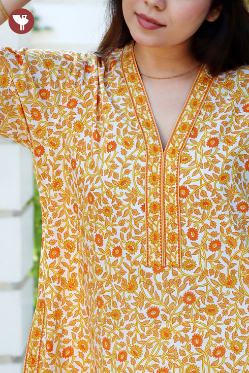 60’s Cotton V-Neck Full Sleeved Kaftan In Floral Print
