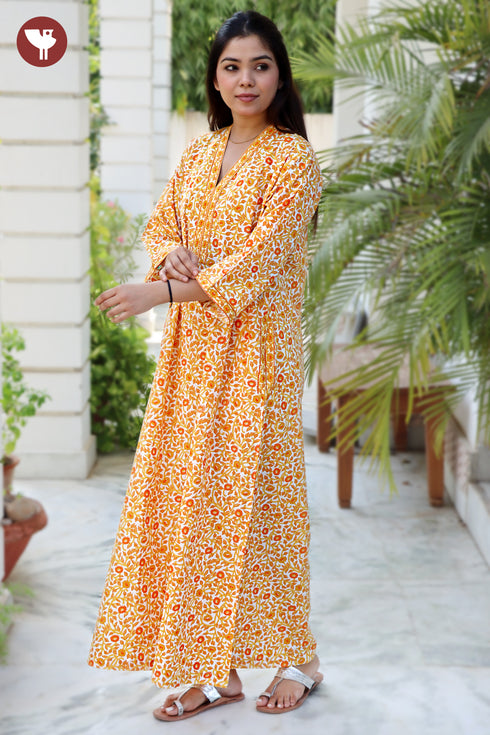 60’s Cotton V-Neck Full Sleeved Kaftan In Floral Print