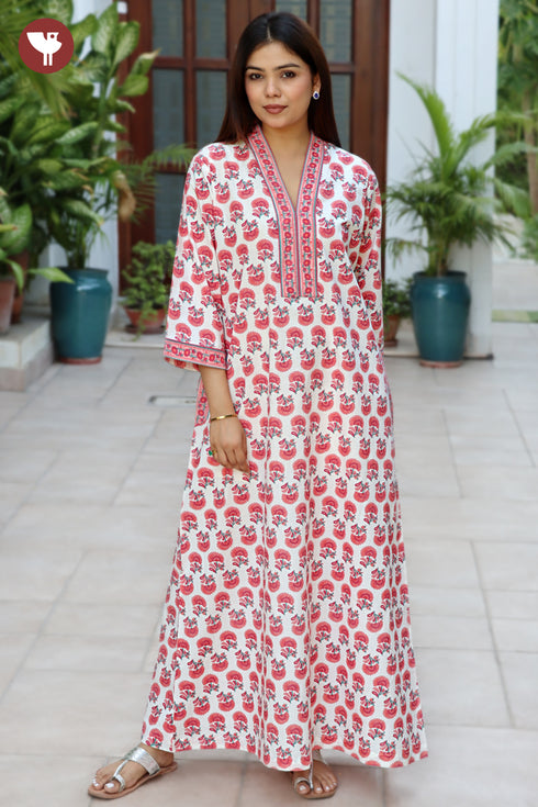 60s Cotton Ivory & Coral Pink Floral Kaftan