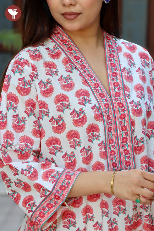 60s Cotton Ivory & Coral Pink Floral Kaftan