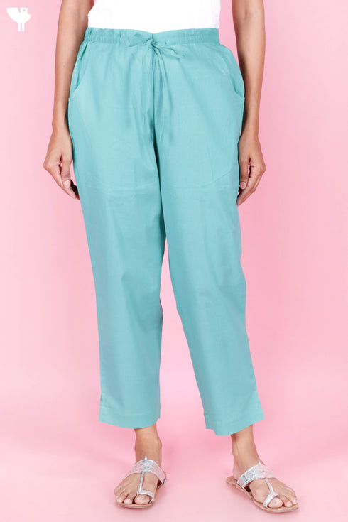 Cambric Cotton Pants In Turquoise Blue