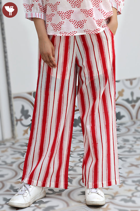 Cambric Cotton Off White Red Stripe Pant In Block Print