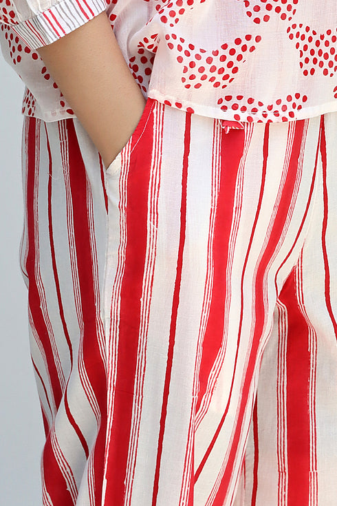 Cambric Cotton Off White Red Stripe Pant In Block Print