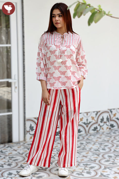 Cambric Cotton Off White Red Stripe Pant In Block Print