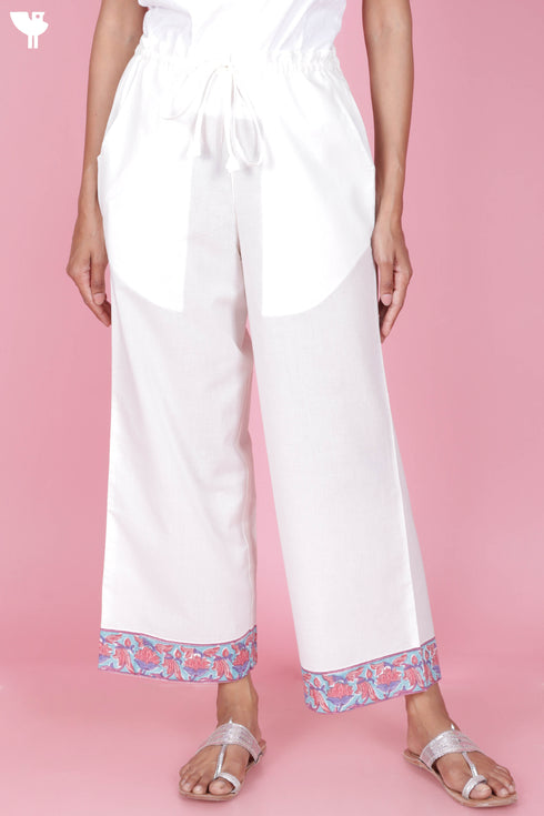Cambric Cotton Pant With Block Print Border