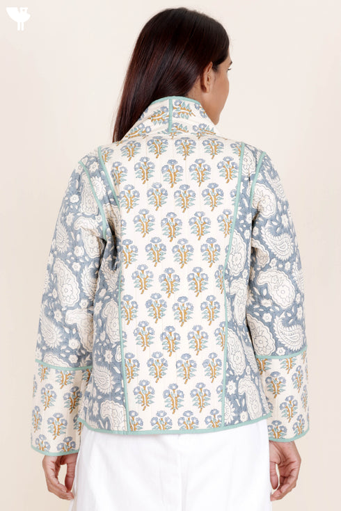 Cambric Cotton Quilted Jacket In Floral Block Print