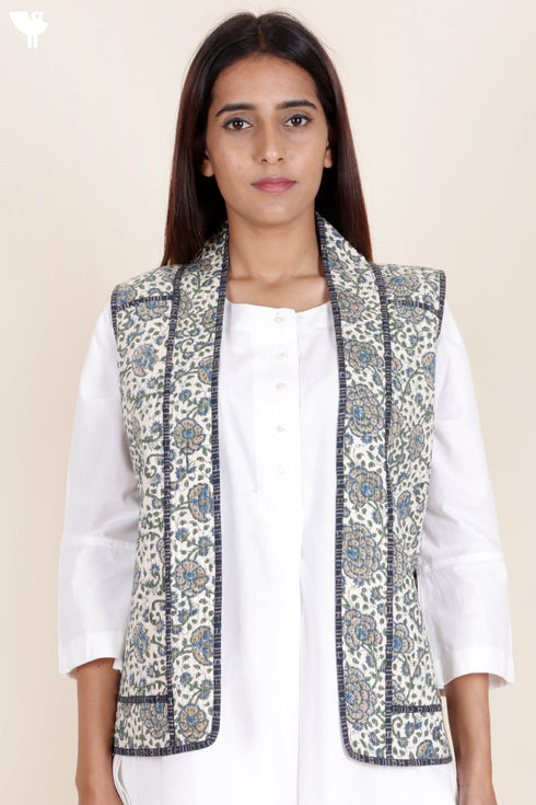 Cambric Cotton Quilted Vest In Floral Block Print