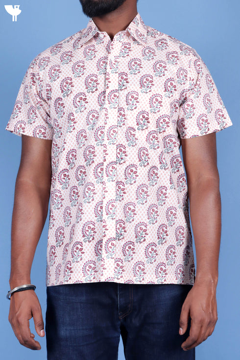 Regular Fit Cambric Cotton Men’s Half Sleeved Shirt In Block Print