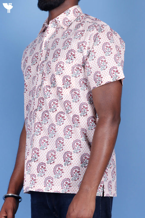 Regular Fit Cambric Cotton Men’s Half Sleeved Shirt In Block Print