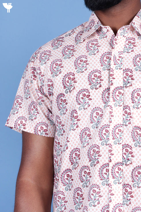 Regular Fit Cambric Cotton Men’s Half Sleeved Shirt In Block Print