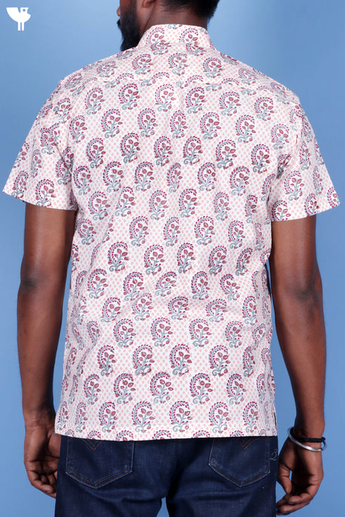 Regular Fit Cambric Cotton Men’s Half Sleeved Shirt In Block Print