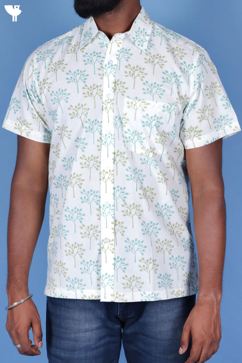 Regular Fit Cambric Cotton Men’s Half Sleeved Shirt In Block Print