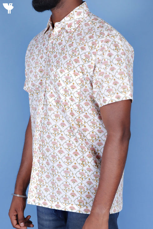 Regular Fit Cambric Cotton Men’s Half Sleeved Shirt In Block Print