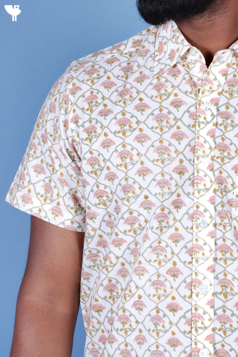 Regular Fit Cambric Cotton Men’s Half Sleeved Shirt In Block Print