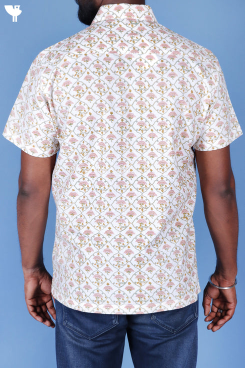 Regular Fit Cambric Cotton Men’s Half Sleeved Shirt In Block Print