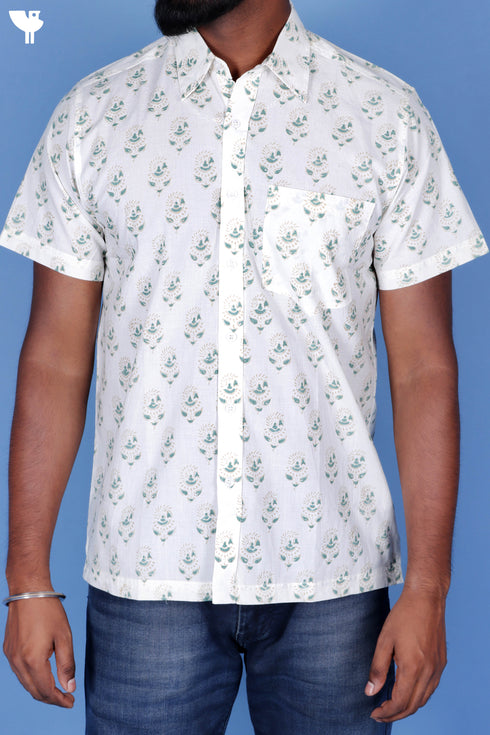 Regular Fit Cotton Men’s Half Sleeved Shirt In Block Print