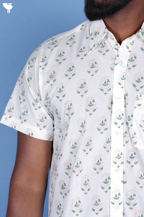 Regular Fit Cotton Men’s Half Sleeved Shirt In Block Print