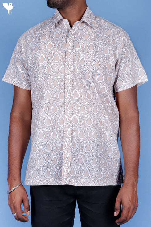 Regular Fit Cotton Men’s Half Sleeved Shirt In Block Print