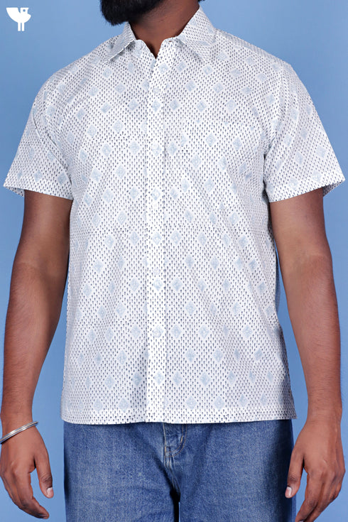 Regular Fit Cotton Men’s Half Sleeved Shirt In Block Print