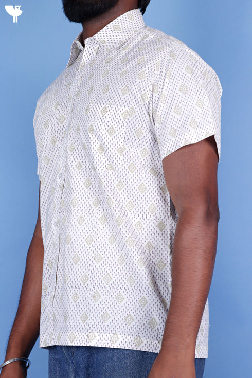 Regular Fit Cotton Men’s Half Sleeved Shirt In Block Print