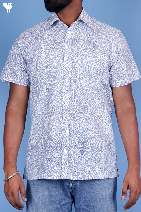 Regular Fit Cotton Men’s Half Sleeved Shirt In Block Print
