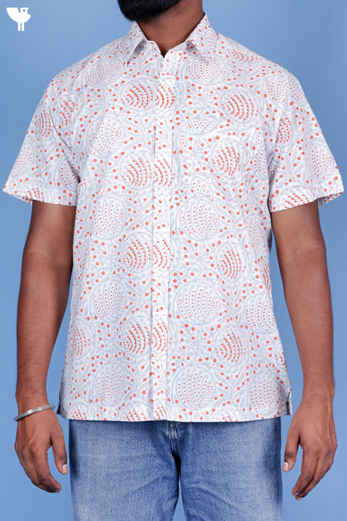 Regular Fit Cotton Men’s Half Sleeved Shirt In Block Print