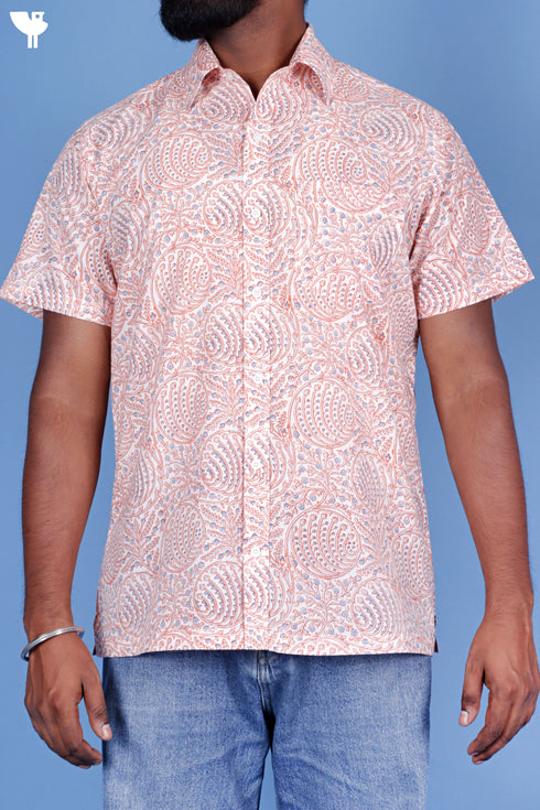 Regular Fit Cotton Men’s Half Sleeved Shirt In Block Print