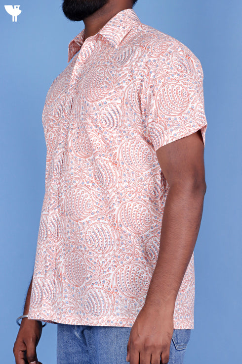 Regular Fit Cotton Men’s Half Sleeved Shirt In Block Print