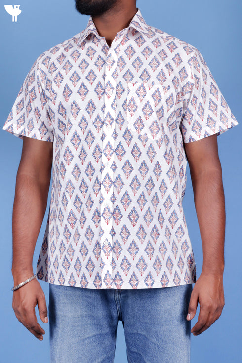 Cotton Men’s Half Sleeved Shirt In Block Print