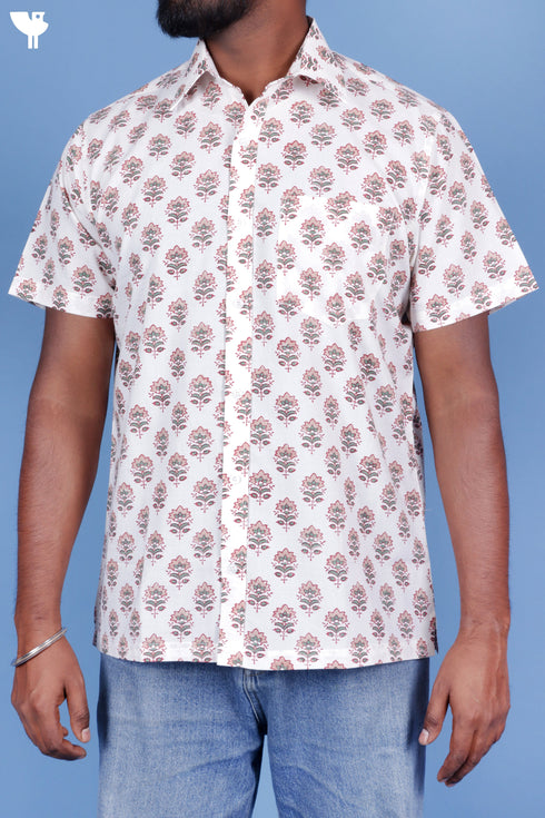 Cotton Men’s Half Sleeved Shirt In Block Print