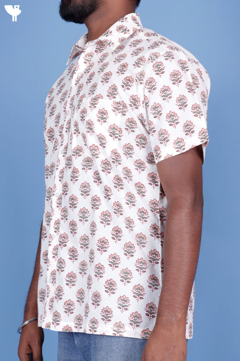 Cotton Men’s Half Sleeved Shirt In Block Print