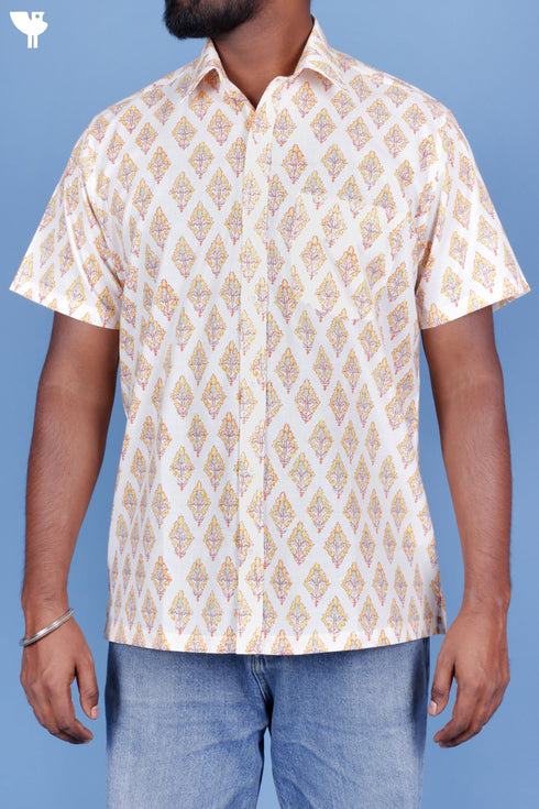 Cotton Men’s Half Sleeved Shirt In Block Print