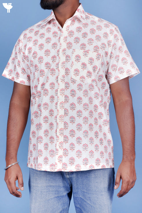 Cotton Men’s Half Sleeved Shirt In Block Print