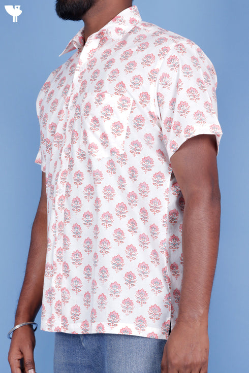 Cotton Men’s Half Sleeved Shirt In Block Print