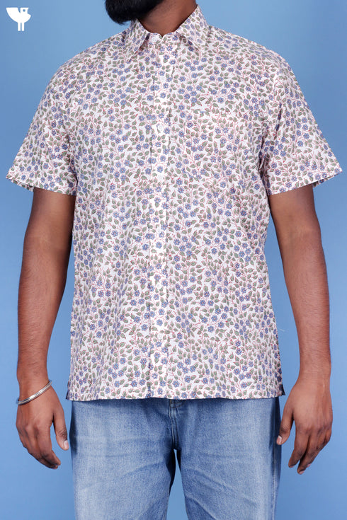 Cotton Men’s Half Sleeved Shirt In Block Print