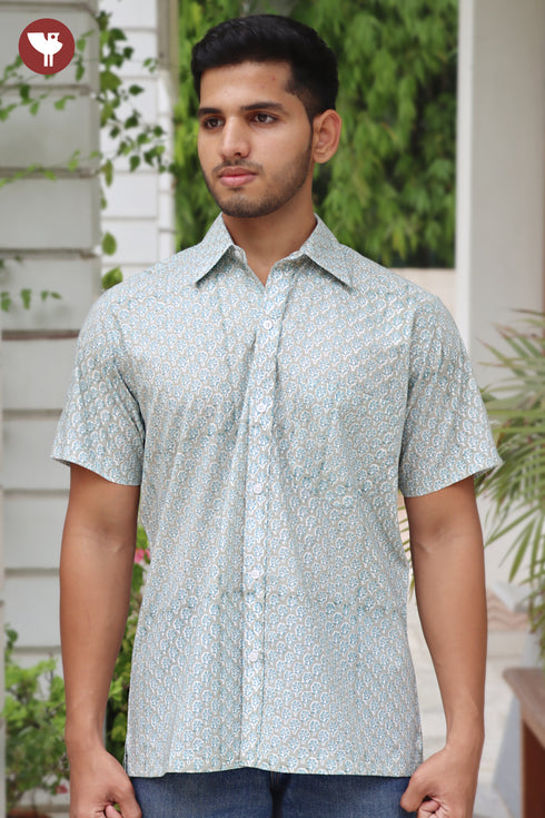 Regular Fit Cambric Cotton Men’s Half Sleeved Shirt in Floral Block Print