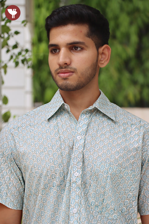 Regular Fit Cambric Cotton Men’s Half Sleeved Shirt in Floral Block Print