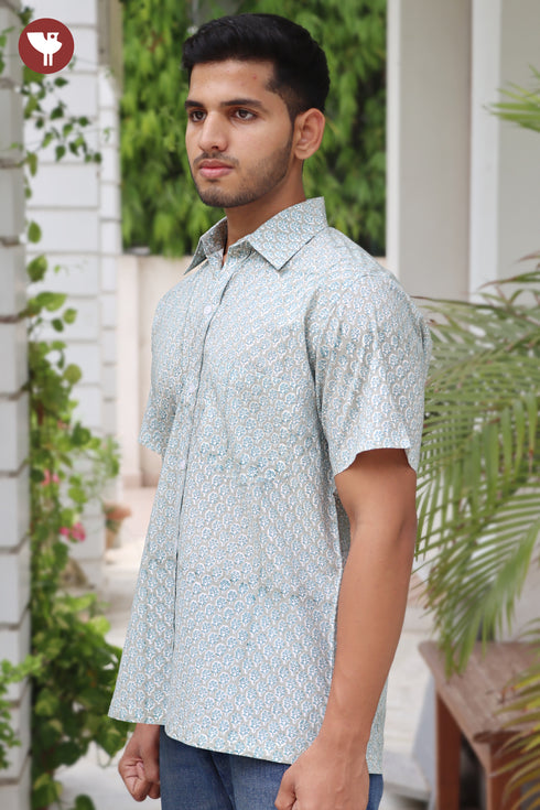 Regular Fit Cambric Cotton Men’s Half Sleeved Shirt in Floral Block Print