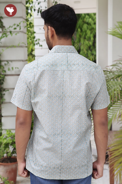 Regular Fit Cambric Cotton Men’s Half Sleeved Shirt in Floral Block Print