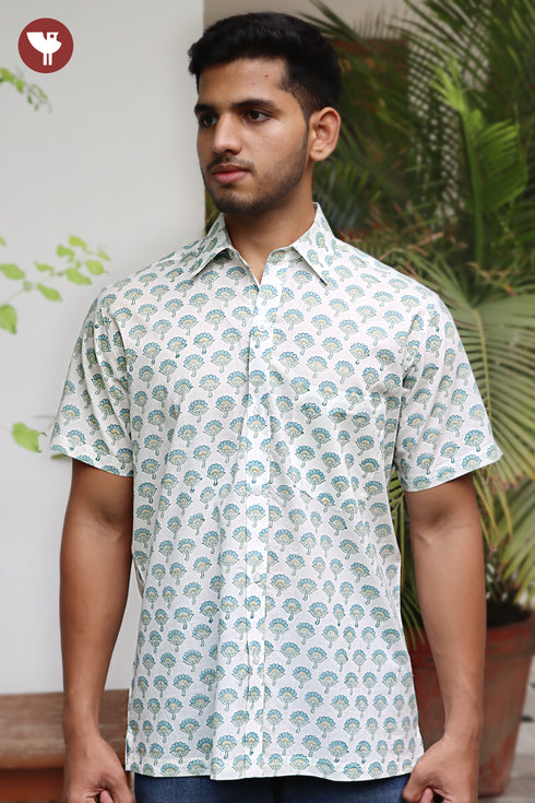 Regular Fit Cambric Cotton Men’s Half Sleeved Shirt in Floral Block Print