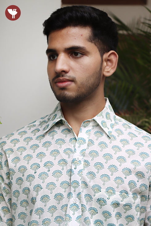 Regular Fit Cambric Cotton Men’s Half Sleeved Shirt in Floral Block Print